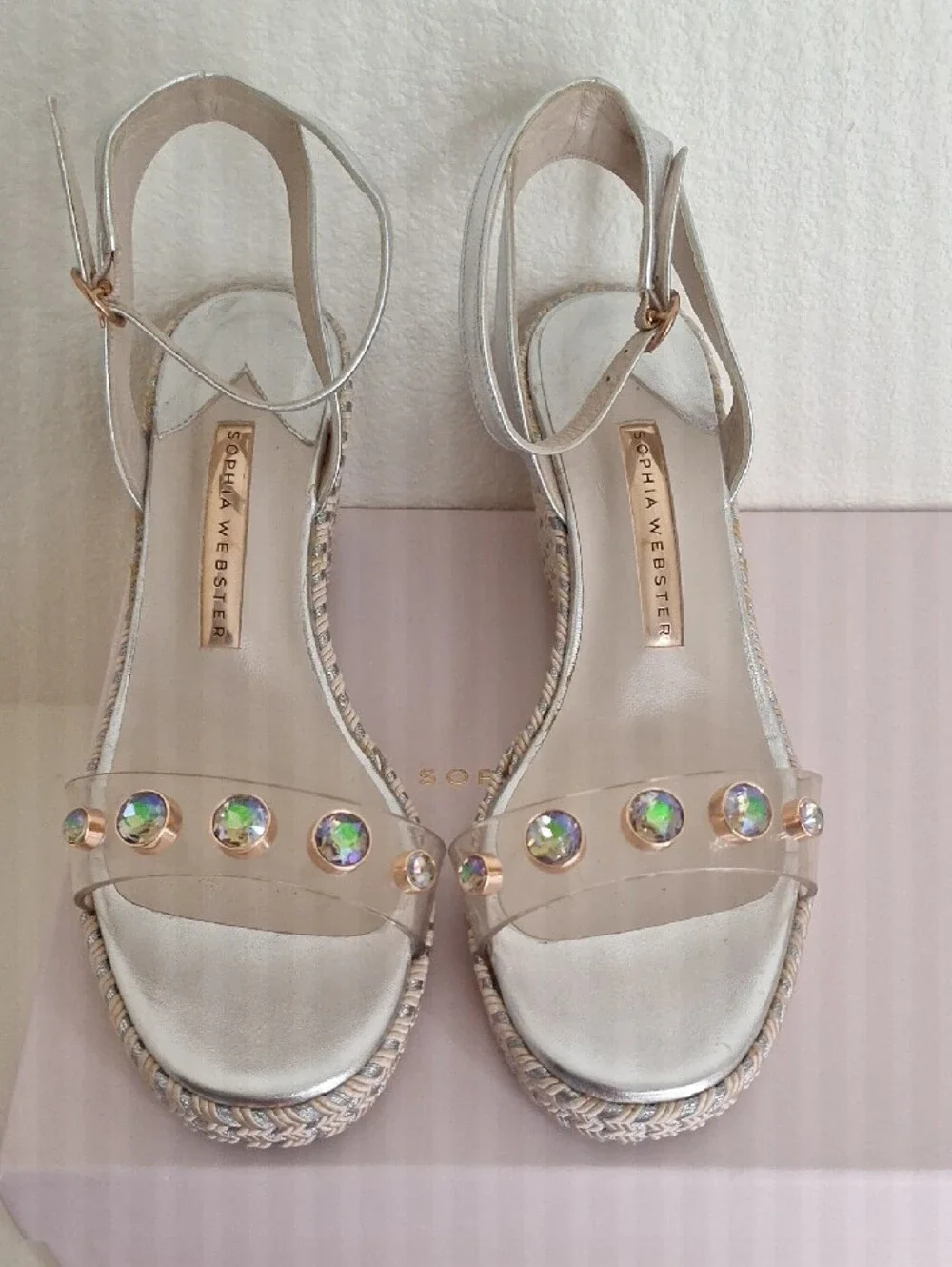 Sophia Webster Silver Wedge Sandals with Iridescent Gem Details